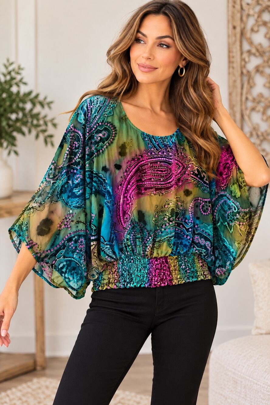 Cache Luxe Blouse M Burnout Velvet Paisley Batwing Dolman Smocked Waist